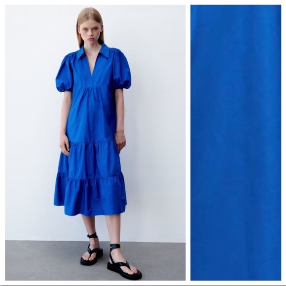 Zara Dresses & Skirts - Zara Cobalt Blue 100% Cotton Tiered/Flounced Loose Midi Dress. Size L
